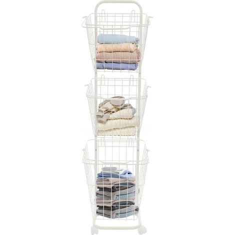 Panier à linge sur roues, panier à linge 3 compartiments, grand panier à linge avec poignées, 32 x 26 x 123 cm, panier à linge pour salle de bain, buanderie (blanc) (1/5)