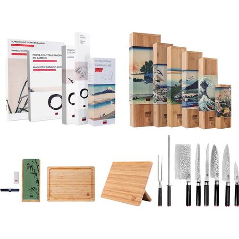 Set de Couteaux de Cuisine 11 Pièces Acier Inox 440C Martelé Noir et Support Bambou - PANGIVO (1/5)