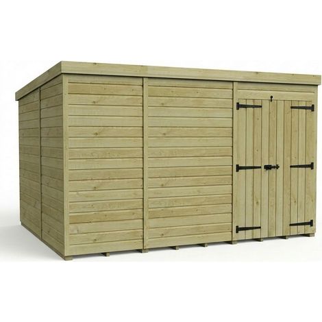 11ft x 10ft Pent Garden Shed Double Door No Windows - Pressure Treated Timber - L335 x W305 x H210 cm - Natural