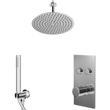 Circo Polished Chrome Push Button Diverter Concealed Thermostatic Shower Valve and 300mm Round Head with 150mm Ceiling Arm and Outlet Holder with Kit - 2 Outlet (1/5)