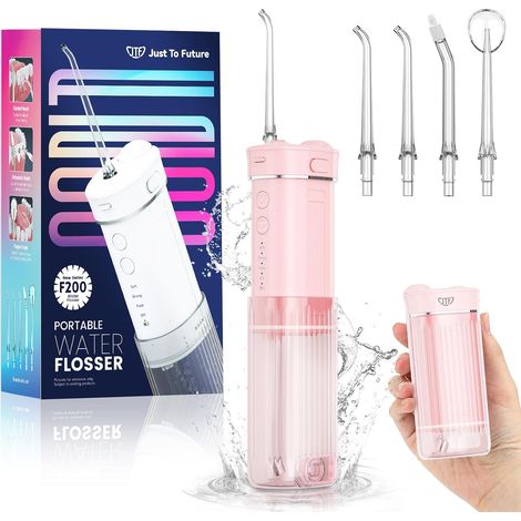 Irrigador bucal mini JTF – Limpiador dental eléctrico portátil – Inalámbrico – Limpiador interdental de viaje con 5 accesorios – Irrigador bucal con 4 ajustes – Depósito de agua retráctil de 230 ml –  (1/5)