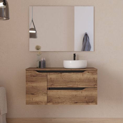 Meuble de salle de bain 100cm avec plateau, vasque à poser déportée à droite Ares et miroir - 2 tiroirs et un placard - tabaco (bois foncé) - ZARZA