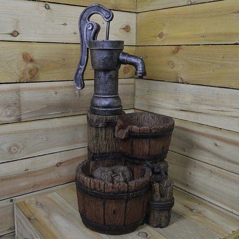 Fontaine de jardin à double tuyau avec pompe manuelle effet bois et fonte