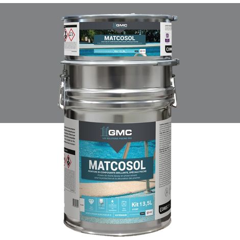 Peinture piscine Matcosol gris 13.5L – Résine époxy bi-composant – Grande résistance au chlore – Imperméabilisant béton et coque polyester – GMC