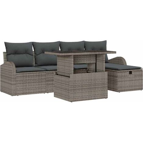 Ensemble de Canapé d'Extérieur 6 Pièces, Meubles de Jardin en Rotin Synthétique Gris, Salon de Jardin en Polyéthylène Tressé pour Terrasse et Patio (1/5)