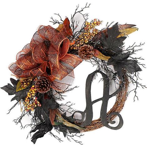 Halloween-Türkranz aus Rattan, glänzendem Netzband, Schleife, künstlichen Blättern und Tannenzapfen – Festliche Wanddekoration
