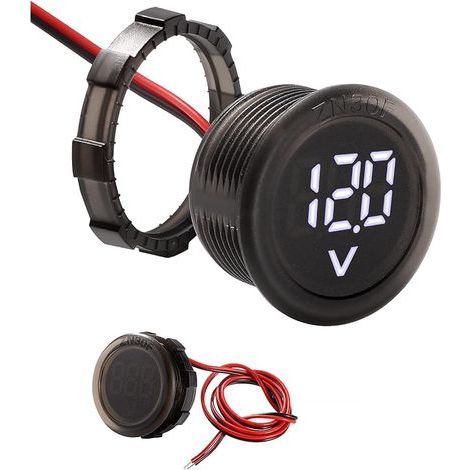 5V-100V Voiture DC Numérique LED Voltmètre Affichage Étanche, Voltmètre Circulaire à Deux Fils, avec Protection Anti-connexion, pour Moto Bateau Camion, Blanc (1/5)