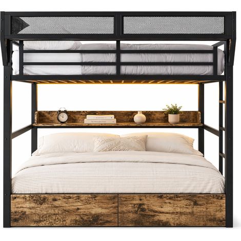 Lit superposé 140x200 cm en métal et MDF, avec LED multicolore, 2 tiroirs, étagère et panier de rangement, pour chambre adulte et ado, sans matelas, noir - CHICFURN (1/5)
