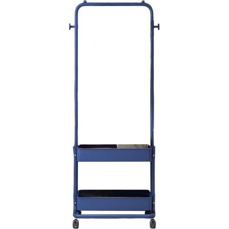 Portant 3 en 1 pour vêtements, chaussures et accessoires, avec 2 paniers à 2 niveaux et 2 crochets latéraux. Chariot de rangement mobile pour salon, chambre, dressing ou entrée. Bleu.