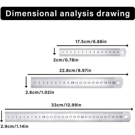 Set di 3 righelli di precisione in acciaio inossidabile, kit di righelli dritti in metallo, 15 cm (6"), 20 cm (8"), 30 cm (12"), righello in acciaio inossidabile color argento (1/4)