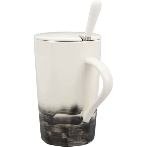 Mug en céramique style peinture à l'encre 400 ml, tasse à café avec couvercle cuillère, idéal pour la maison et le bureau, couleur café (1/5)