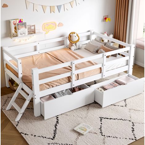 DESVIAE Lit plateforme enfant 90 x 200 cm en bois avec protection latérale et 2 tiroirs blanc (1/5)