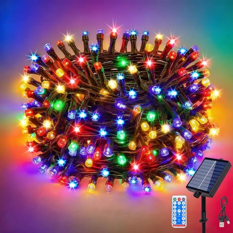 Guirlande lumineuse solaire d'extérieur - 10 m - 100 LED multicolores - 8 modes - Étanche - Avec minuterie - Télécommande et USB - Pour décoration de jardin, terrasse, mariage, balcon (1/5)