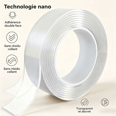 Ruban adhésif double face nano sans trace, 20 mm x 3 m, épaisseur 2 mm, gel transparent ultra-fort pour fixation murale, cuisine, voiture - Transparent (1/5)
