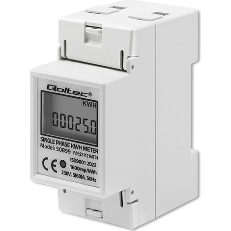 Qoltec Medidor electrónico monofásico Medidor de consumo de energía para riel DIN 230V LCD 2P