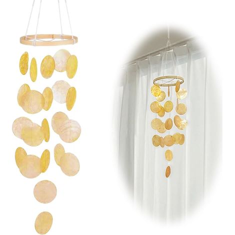 Carillon Coquillage 73cm Fait Main Jaune, Suspendu, Décoration Jardin/Chambre/Terrasse/Maison (1/5)