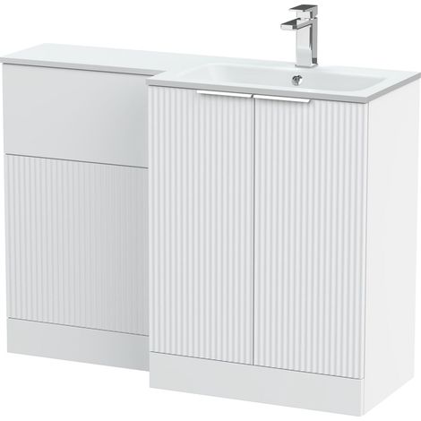 Tixall Contemporary Floor Standing 2 Door Vanity WC Combination Unit with Stone Basin, Right Hand, 1100mm, White (1/4)