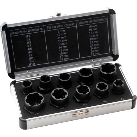 Spiral Socket Set/Screw Extractor 10 mm (3/8") 9-19 mm Spiral Profile 10 Pieces