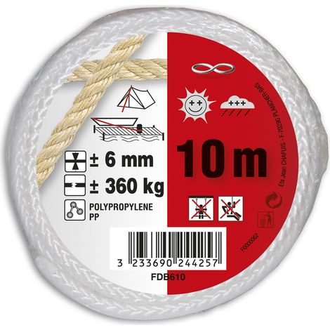 Corde polypropylène tressée-Résistance à la rupture indicative 360 kg-Diamètre 6 mm-Longueur 10 m-Blanc