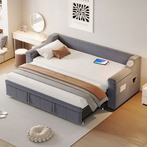 canapé gigogne 90x190, couchage d'appoint lit gigogne, rangement intégré, Bluetooth USB, velours doux, accoudoirs larges (1/5)
