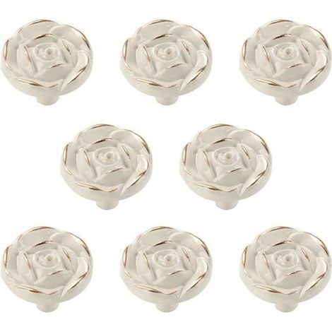Set di 8 pomelli vintage per armadi, maniglie per cassetti, bianchi, a forma di rosa (1/5)