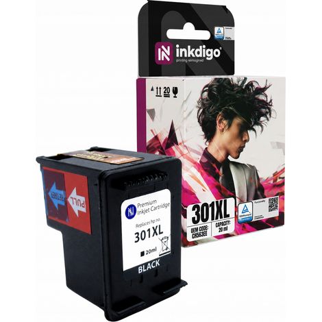 Cartouches d'encre Inkdigo 301XL compatibles avec les imprimantes multifonctions HP DeskJet 1000 et Envy 4500e (certifiées TÜV). (1/5)