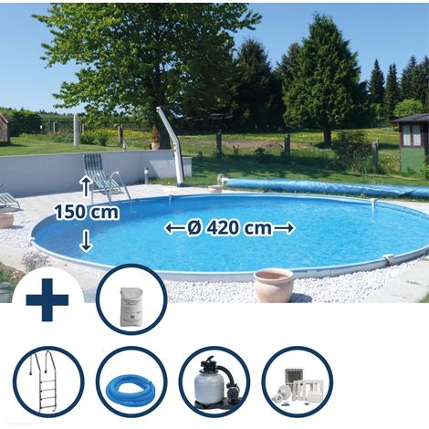 Stahlwandpool Set (8-teilig) tief rund Baltimore 420 x 150 cm, Stahl 0,8 mm weiß Folie 0,6 mm blau (1/5)