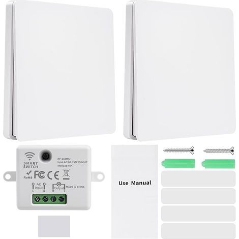 Interrupteur va et vient sans fil 220V interrupteur radio sans pile Kit 2 interrupteurs 10A 1 récepteur + 2 panneaux de commande. (1/5)