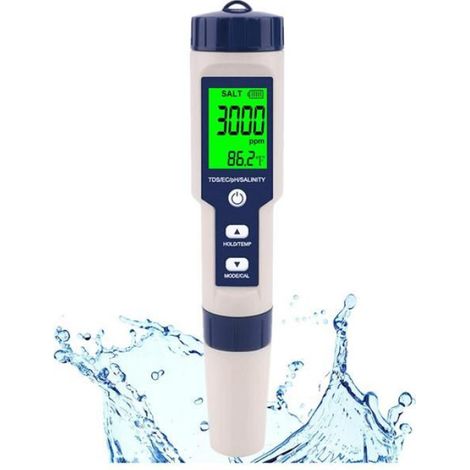 Testeur de sel de piscine, compteur de salinité numérique, testeur de salinité 5 en 1 de haute précision pour l'eau salée, IP67 (1/4)