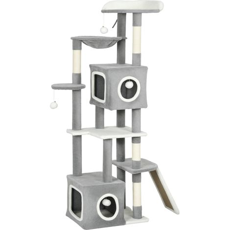 Albero Tiragraffi per Gatti 48x40x165 cm con 2 Casette Rampa Trespoli in Peluche e Sisal Grigio e Bianco