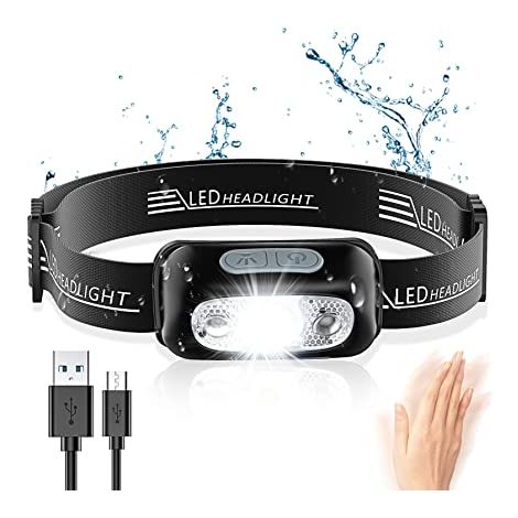 Lampe frontale LED puissante avec capteur de mouvement, étanche, rechargeable par USB, conçue par des professionnels pour le camping, la randonnée et la course à pied. (1/5)