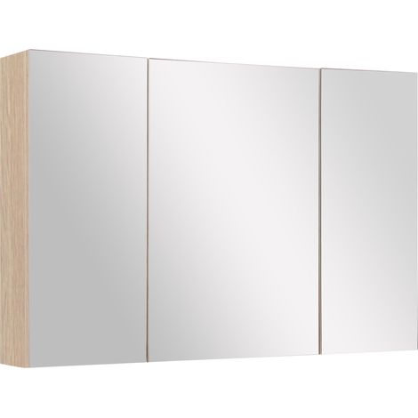 Armoire de salle de bain avec miroir, 3 portes à fermeture douce, miroir et étagères réglables, en bois et verre, 90 x 13,5 x 60 cm, coloris bois (1/5)