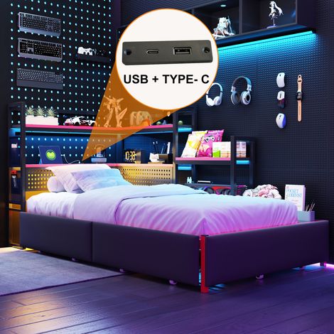 Lit plateforme gaming métal 3 tiroirs éclairage LED ports USB panneau perforé étagères latérales 140x190 cm