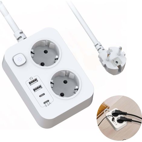 Multiprise 6 en avec USB C Protection Surtension Prises + Interrupteur 4 Ports Câble Maison Bureau Voyage 2pcs 20W 1,8m (1/5)