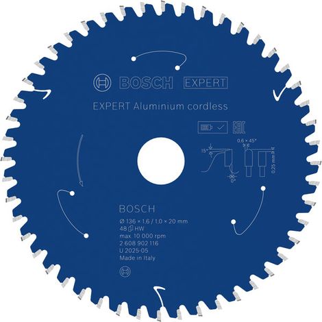 Bosch EXPERT Aluminium Circular Saw Blade 136 x 1.6/1 x 20mm T48 2608902116 (1/4)