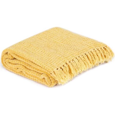 1 pièce Couverture coton, 220 x 250 cm, jaune moutarde, 425 g/m², douce et lavée à la pierre, pour canapé ou lit