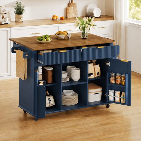 Îlot de cuisine extensible avec rangement multifonction, meuble cuisine mobile à roulettes avec porte-épices et porte-serviettes (1/5)