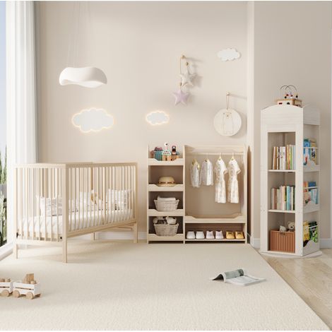 Mueble infantil multifuncional (140x60x142 cm), cama cuna convertible, estantería giratoria 360, madera maciza y MDF, natural (1/5)