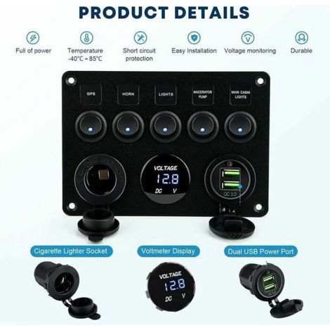 Panneau Commutateur Basculant - 5 Gangs - Etanche - Double Port USB DC 12 V / 24 V - Pour Bateau Voiture Camion Remorque Camping-Car - 1 Pièce (1/4)
