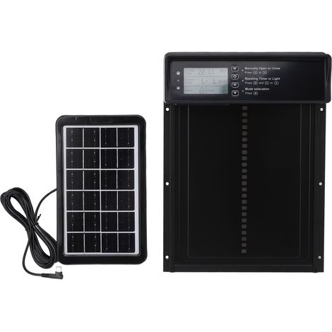 Porte automatique pour poulailler à énergie solaire, étanche IP45, en alliage d'aluminium, avec télécommande et minuterie. (1/5)