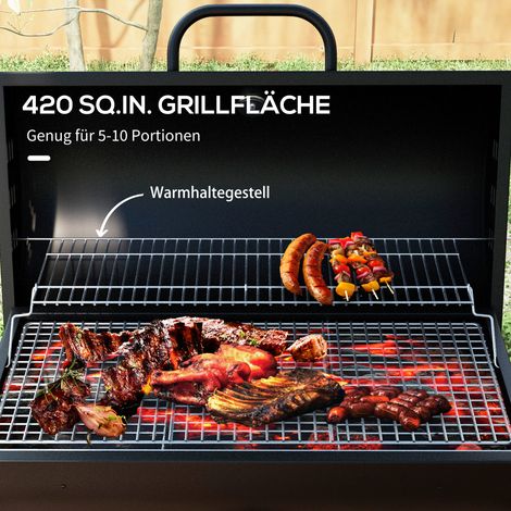 Barbecue charbon métal fumoir avec couvercle thermomètre roues chariot 95x71,5x102 cm noir (1/5)