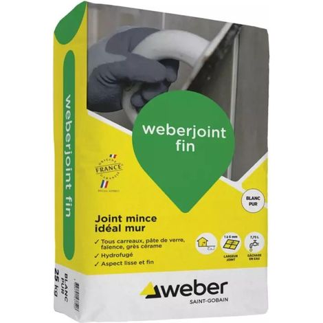 Weber Saint Gobain – Mortier joint carrelage gris perle – Sac 25 kg – Hydrofugé pour joints minces – Application sur béton et plaques de plâtre (1/2)