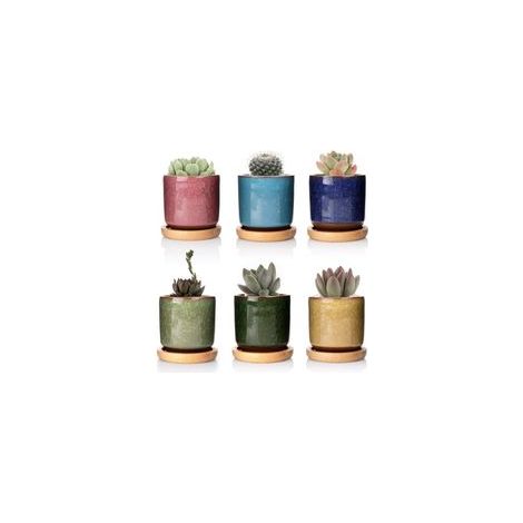 Vasi in ceramica da 6 cm con sottovaso in bambù - Confezione da 6, vasi per piante grasse, cactus, fiori, contenitori per piante