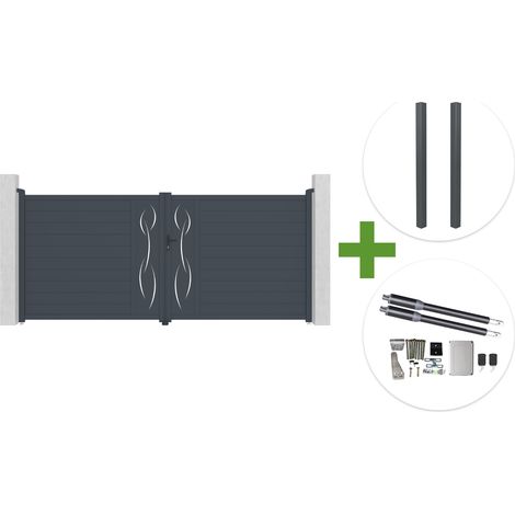 Portail battant 4m LIFE H.180cm aluminium gris + 2 poteaux ELDA + motorisation Ranger B150 (1/5)