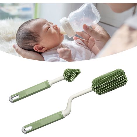 Brosse en silicone à long manche pour nettoyer les biberons et éliminer les résidus, y compris les tétines. Convient aux bouteilles d'eau et aux biberons. Couleur verte. (1/5)