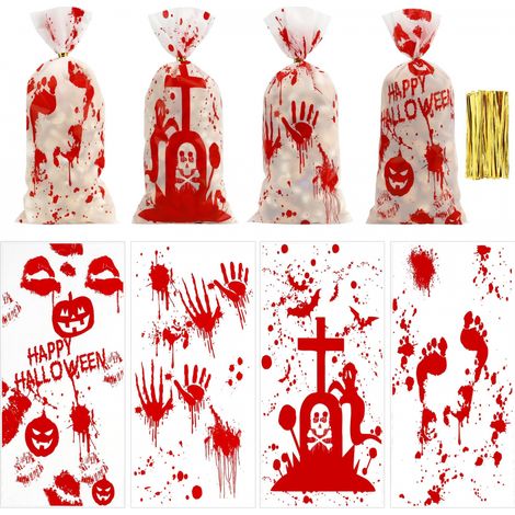 100 sachets en cellophane pour Halloween (13 x 27 cm) avec attaches - Thème sanglant et fantôme, sachets à bonbons pour une fête d'Halloween effrayante et des cadeaux. (1/5)