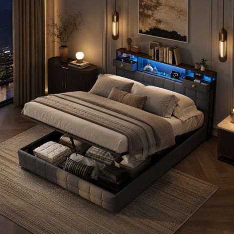 Lit Coffre 160x200 avec Éclairage LED RGB et Ports USB/Type-C, Lit Double 160x200cm Cadre de Lit Capitonné avec Rangement, sans Matelas, Velours Gris (1/5)