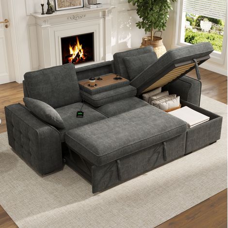 Divano angolare 3 posti convertibile con contenitore, 237 x 141 x 86 cm, grigio DESVIAE (1/5)