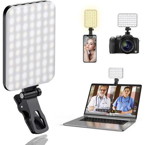 Lampe Portable à 60 LED pour Selfie, vidéoconférence avec Clip et Adaptateur trépied pour Appareil Photo, Rechargeable, 2200 mAh, IRC 97+, 3 Modes d'éclairage pour téléphone, Webcam, (1/5)