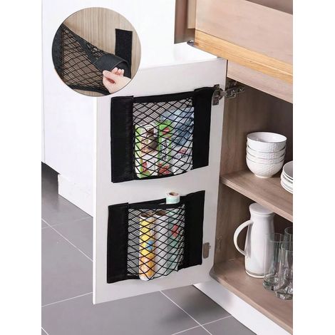 2 sachets de rangement adhésifs - Sachets poubelle en plastique, sachets maille de rangement - Organisateur intérieur de porte d'armoire de cuisine à fixer au mur (noir, petit). (1/5)
